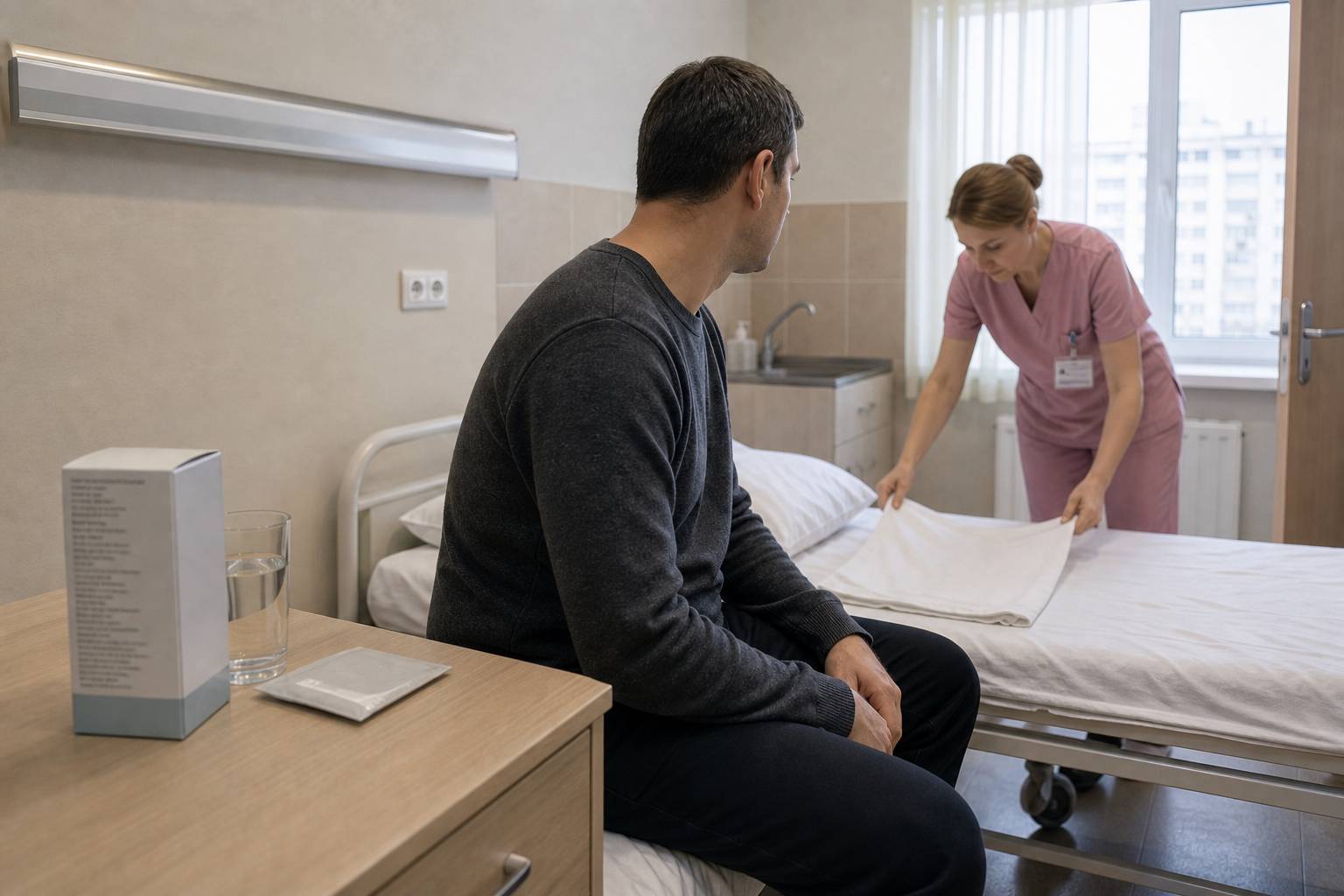 Пациент готовится получить капельницу в стационаре